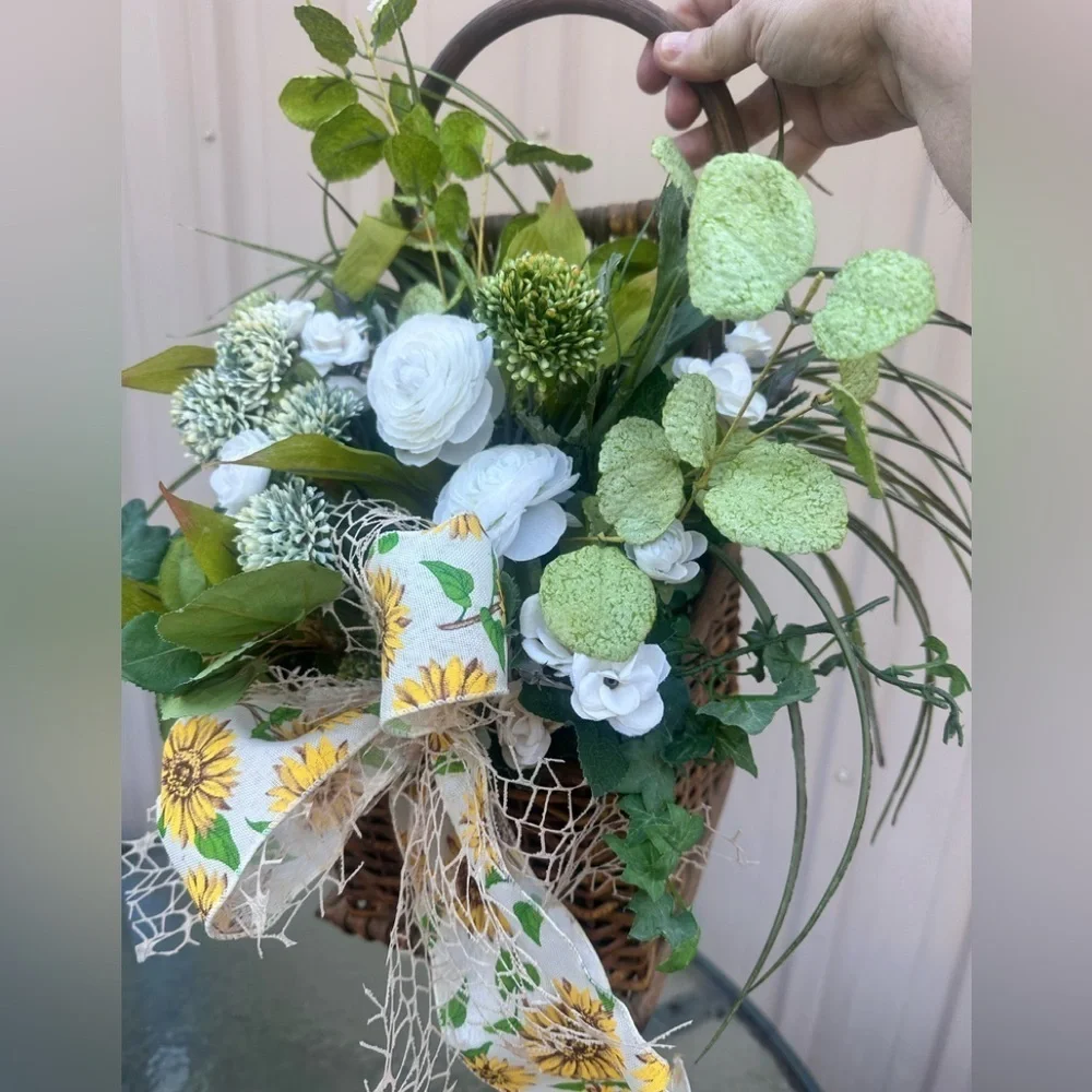 Farmhouse handmade White and Green Faux Floral Arrangement wicker basket